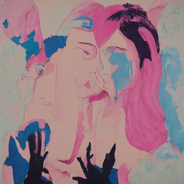 Prompt: “art in an Australian artist’s apartment, portrait of women embracing, organic lines, pink and blue hair, lesbian, ikebana, Japanese pottery, sacred feminine, womanhood”