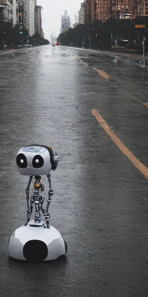 Image similar to robot on the road, city, photo, rain,