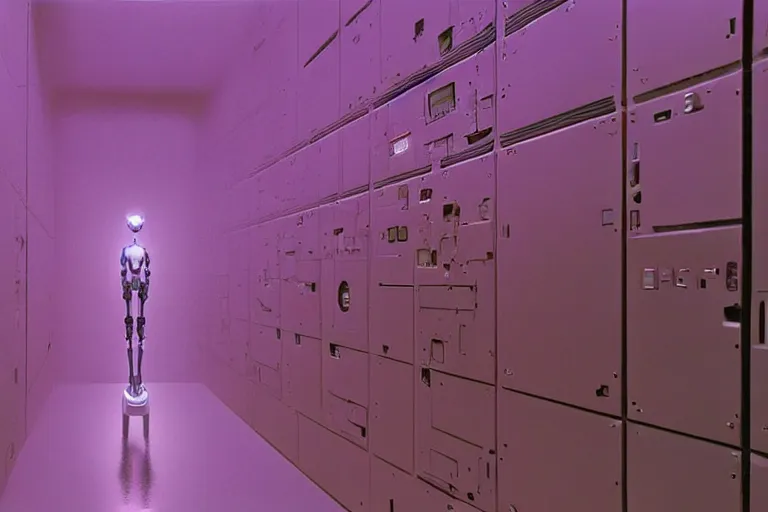 Prompt: hyperrealistic medium shot robot cyborg in data center server! by stanley kubrick highly detailed concept art zdzisław beksinski william gibson cinematic low purple lighting high angle hd 8 k sharp shallow depth of field