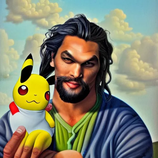 Image similar to Jason Momoa holding Pikachu, lowbrow painting by Mark Ryden