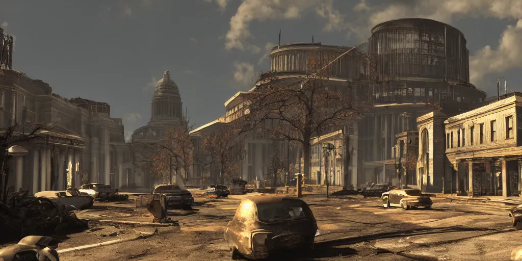 Image similar to fallout concept art washington dc render dramatic lighting unreal engine 5