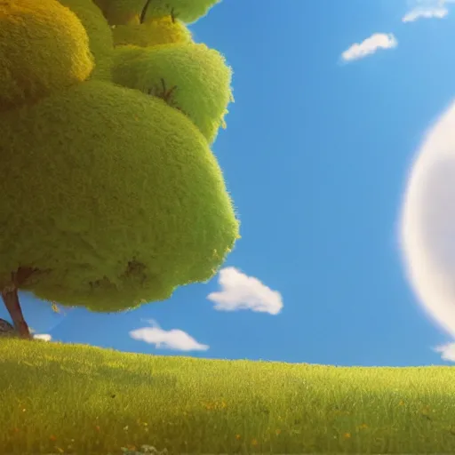 Image similar to an ultra photorealistic and sharp film still of a perfectly round circular white cloud in the sky. wide shot, wes anderson, studio ghibli, pixar and disney animation, octane render, dramatic lighting, award winning photography