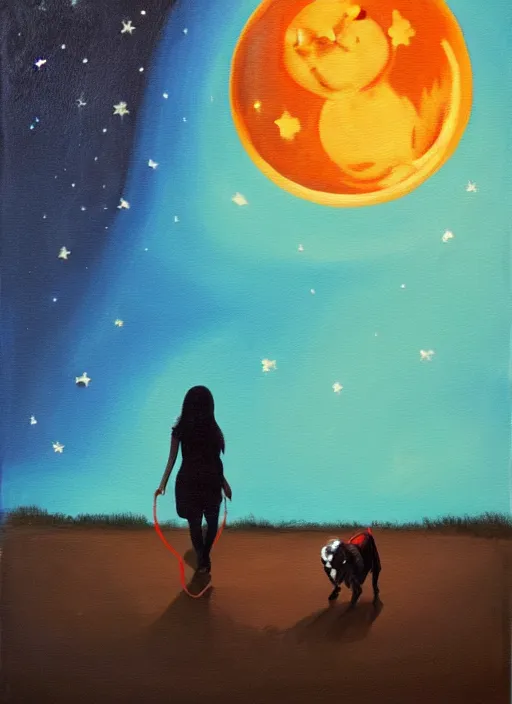 Image similar to young brown woman walking her dog in a park at night with a full moon, acrylic painting, fantasy