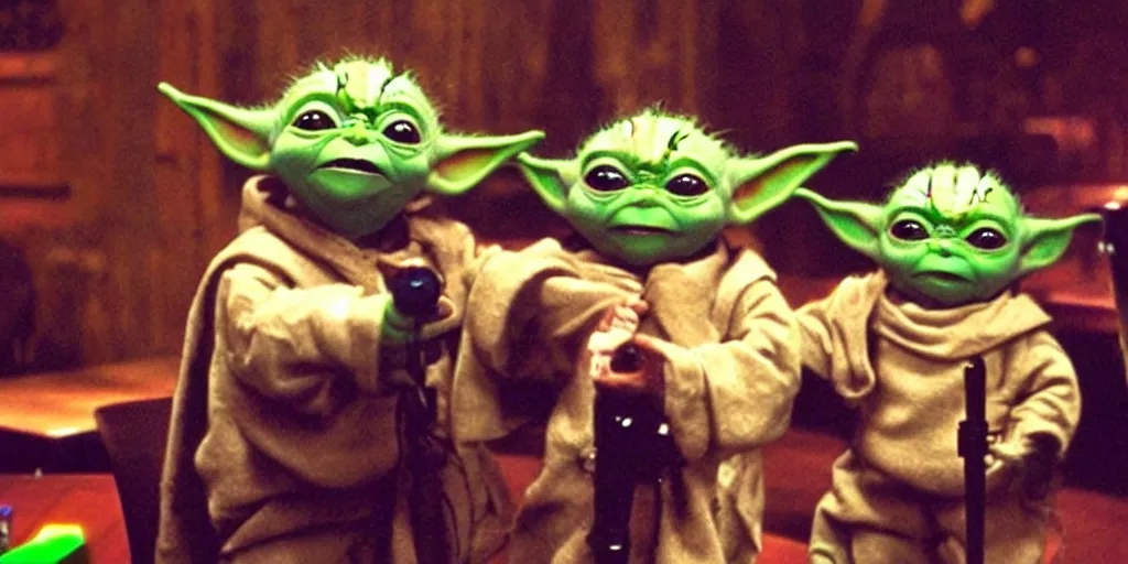 Prompt: baby yoda sings karaoke down at the local pub, rgb ambient lighting, dramatic lighting, style of mandalorian ( tv show ), rougue one ( film ), buzz lightyear ( film ), space odyssey 2 0 0 1 ( film )