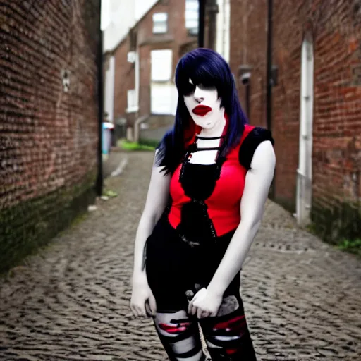 Image similar to a pale emo girl, messy black and red hair, waist length, british street background, flickr, 2 0 0 6