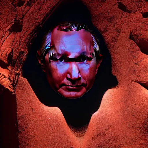 Prompt: carved rock face of putin, stained with blood, photograph lit by flash, as shot by james nachtwey