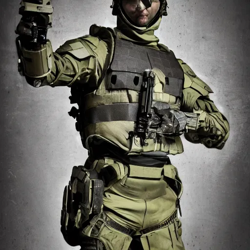 Prompt: 2040 SWAT armor concept, professional photography, close-up detail, armed pose, 4k, trending