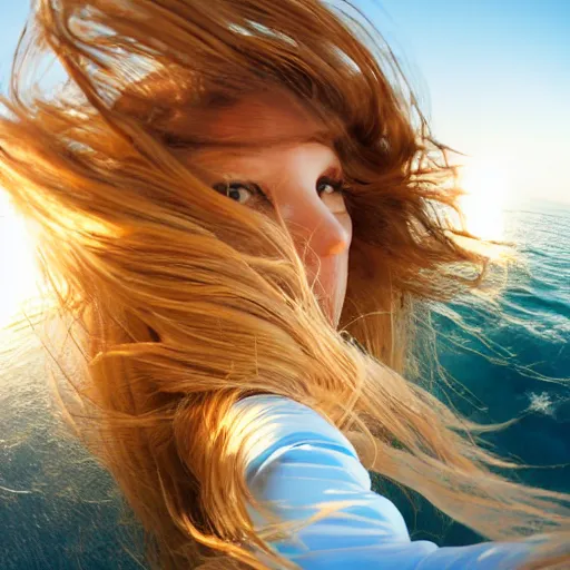 Image similar to selfie!!!!! of a woman with gorgeous hair flowing in the wind, in the middle of the ocean!!!!!, first - person view, fisheye!!!!! lens!!!!!, photorealistic image, trending on artstation, 4 k, 8 k