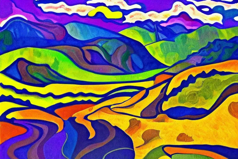 Image similar to Landscape painting. Wild energy patterns rippling in all directions. Curves, zig-zags. Organic. Mountains. Clouds. Vegetation. Rushing water. Waves. LSD. Fauvism.