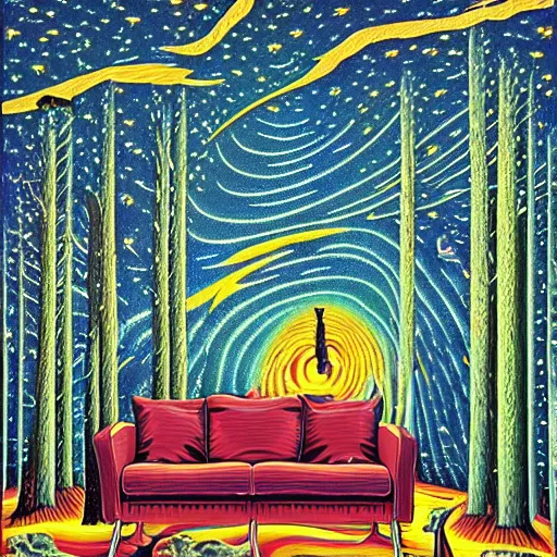 Prompt: psychedelic trippy goose pine forest, planets, milky way, sofa, cartoon by rob gonsalves