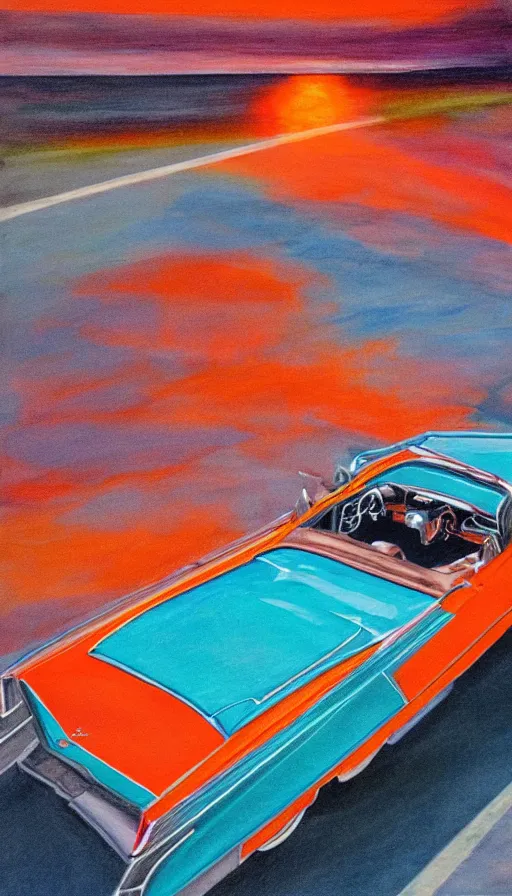 Prompt: far away, top down shot, 1 9 6 3 cadillac convertible driving down empty highway into a bright orange sunrise, water painting, high detail