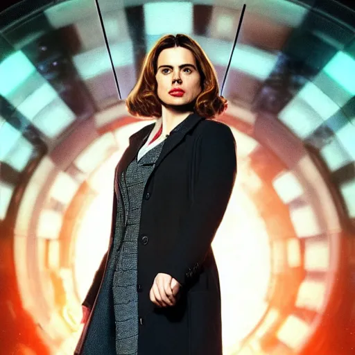 Image similar to a full body photograph of hayley atwell as'doctor who ', time vortex in the background, detailed face, symmetrical face, extreme realism and detail, 8 k, completely framed, direct lighting, 3 5 mm photo, photorealistic, sharp focus