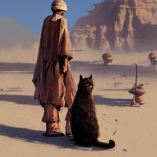 Prompt: a cat merchant in the desert ,digital art,detailed,ultra realistic,art by greg rutkowski W 640