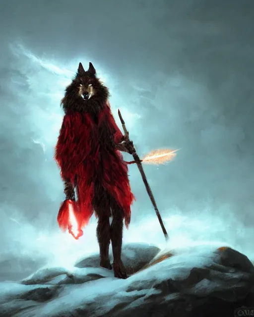 Prompt: oil painting of Anthropomorphized Wolf Shaman, wearing red fur cloak, sharp focus, holding magical lightning staff, magical aura, heroic pose, fantasy style, octane render, volumetric lighting, 8k high definition, by greg rutkowski, highly detailed, trending on art Station, magic the gathering artwork, Dark Volcano Backround, centered