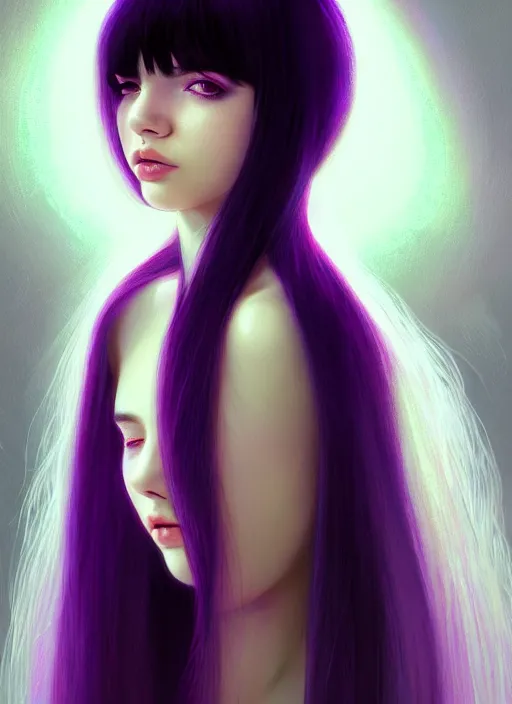 Image similar to hair whitebangs hair, black hair, whitebangs, portrait of teenage girl with white bangs, red irises, purple clothes, white bangs, bangs are different color from hair, intricate, elegant, glowing lights, highly detailed, digital painting, artstation, concept art, smooth, sharp focus, illustration, art by wlop, mars ravelo and greg rutkowski