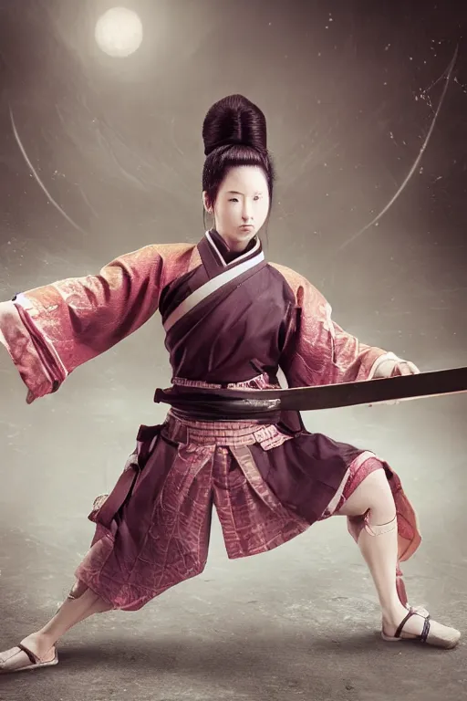 Image similar to highly detailed beautiful photo of a young female samurai, practising sword stances in a temple, symmetrical face, beautiful eyes, realistic anime art style, 8 k, award winning photo, pastels, action photography, 1 / 1 2 5 shutter speed, dramatic lighting