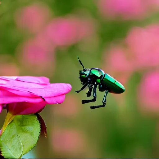 Prompt: rose chafer as a drone creating turbulence above flowers