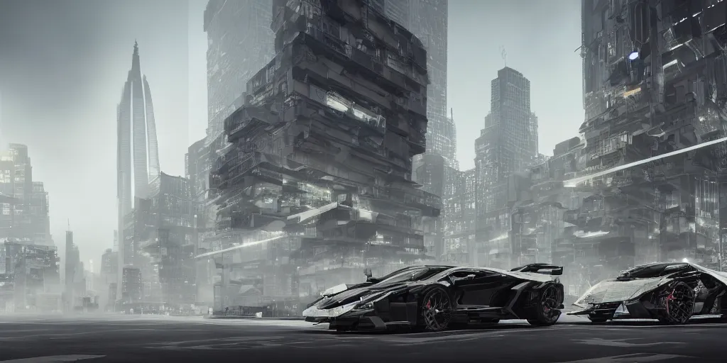 Image similar to black lego lamborghini in a future city. metabolism japanese architecture. soft light. cinematic. intricate. mist. low angle wide shot. highly detailed. matte painting in the style of pascal blanche. octane render. 8 k. trending on artstation