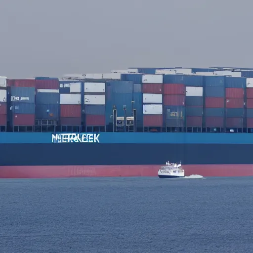 Prompt: maersk container ship, haze, telephoto zoom,