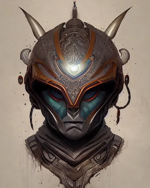 Image similar to professional ominous concept art portrait of a character with a mandala helmet by artgerm and greg rutkowski. an intricate, elegant, highly detailed digital painting, concept art, smooth, sharp focus, illustration, in the style of simon stalenhag, wayne barlowe, and igor kieryluk.