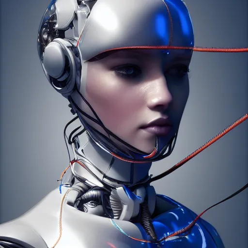 Image similar to a beautiful woman wearing robot suit with wires and light, highly detailed, photorealistic, artstation, smooth