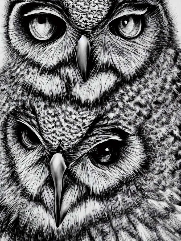 Prompt: hyperrealist highly detailed cinematic lighting studio portrait of a great horned owl, high contrast wood engraving, kentaro miura manga style, shocking detail trending on artstation 8 k