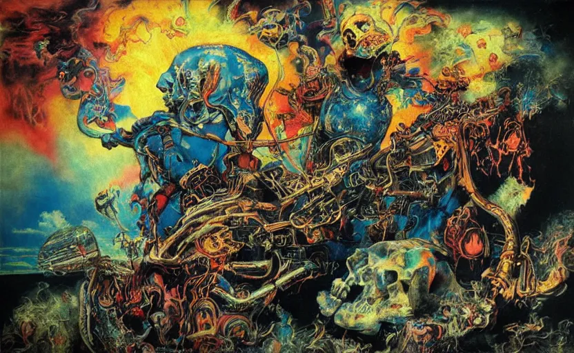 Prompt: psychedelic heavy metal album cover art, flaming skulls and motorcycle demons, game console robot human hybrids, bubbly clouds, splatters of multicolored paint, vaporwave aesthetic mixed with comic book art, beautiful painting by Moebius, Rembrandt, Salvador Dali and Leonardo Da Vinci, with background art by Frank Frazetta