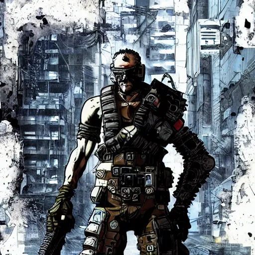 Prompt: a post-apocalyptic cyberpunk grimdark mercenary in the style of leonard boyarsky in the style of Yoji Shinkawa detailed realistic HD 8k High Resolution