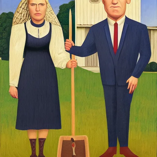 Image similar to An american gothic portrait of Benjamin Netanyahu grasping a pitchfork and Sara Netanyahu, by Grant Wood
