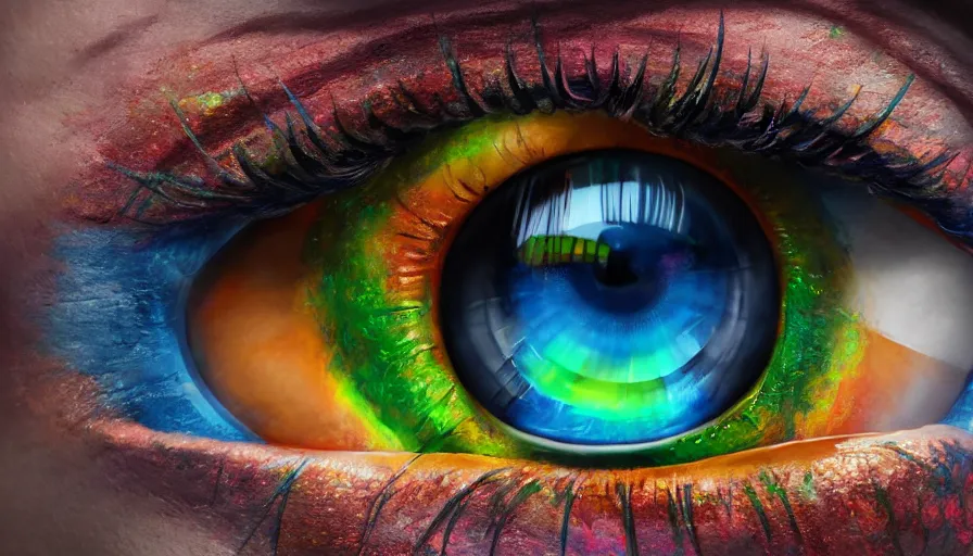 Image similar to Eye with a rainbow retina, hyperdetailed, artstation, cgsociety, 8k