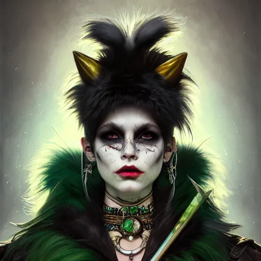 Prompt: portrait painting of a punk catfolk bard with green eyes and snow white fur, ultra realistic, concept art, intricate details, eerie, highly detailed, photorealistic, octane render, 8 k, unreal engine. art by artgerm and greg rutkowski and charlie bowater and magali villeneuve and alphonse mucha