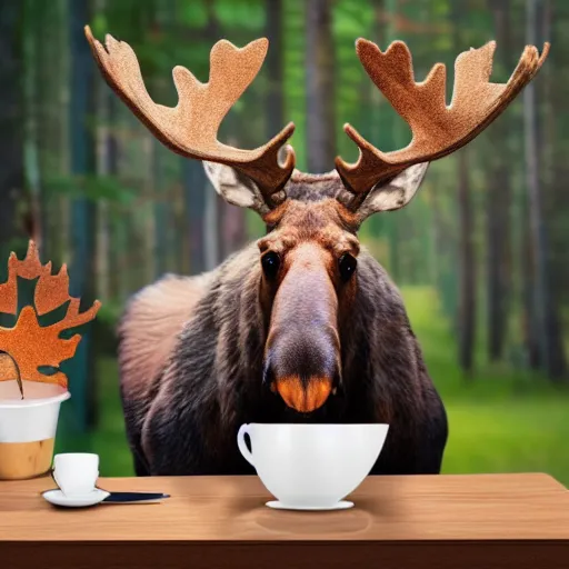 Image similar to a moose with maple leaf antlers selling coffee at a stand, realistic, 8 k