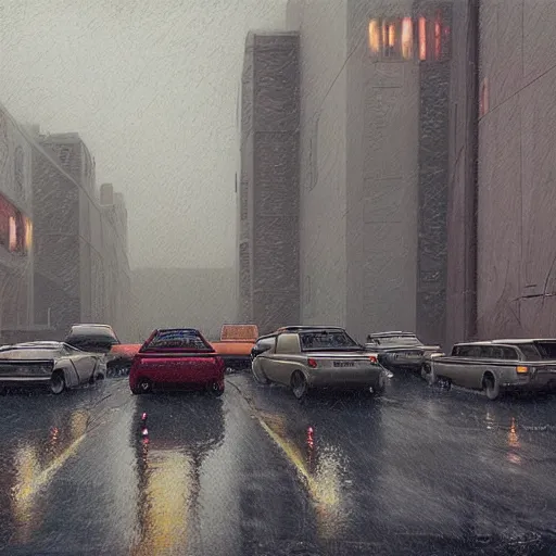 Prompt: a picture of a bunch of cars in the rain, a digital painting by scott listfield, cgsociety, sots art, apocalypse art, dystopian art, concept art