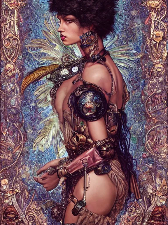 Image similar to a steampunk portrait of Irina Shayk,embellished sequined,feather-adorned,by tom bagshaw,Cedric Peyravernay,Peter Mohrbacher,William Holman Hunt,William Morris,Catherine Nolin,metropolis,Gucci,Dior,trending on pinterest,maximalist,glittering,feminine