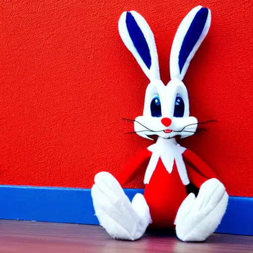 Image similar to photo of a bugs bunny toy sitting infront of a red wall with blue stripes