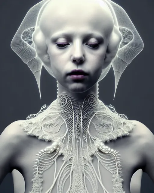 Image similar to dreamy foggy soft luminous bw 3 d octane render, beautiful spiritual angelic biomechanical mandelbrot fractal albino girl cyborg with a porcelain profile face, very long neck, halo, white smoke, rim light, big leaves and stems, fine foliage lace, alexander mcqueen, art nouveau fashion pearl embroidered collar, steampunk, silver filigree details, hexagonal mesh wire, elegant