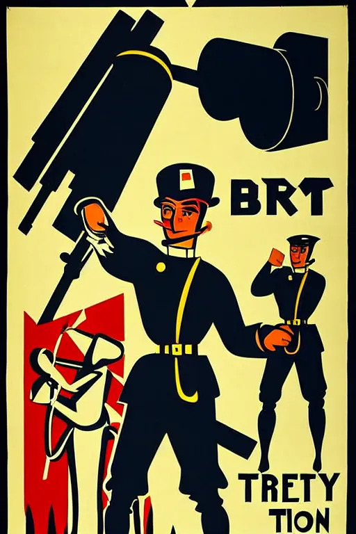 Prompt: fictional propaganda poster showing a man pointing to the left with artillery cannons behind him, artillery battery, highly stylized, high contrast, limited palette, 1 9 2 0 s