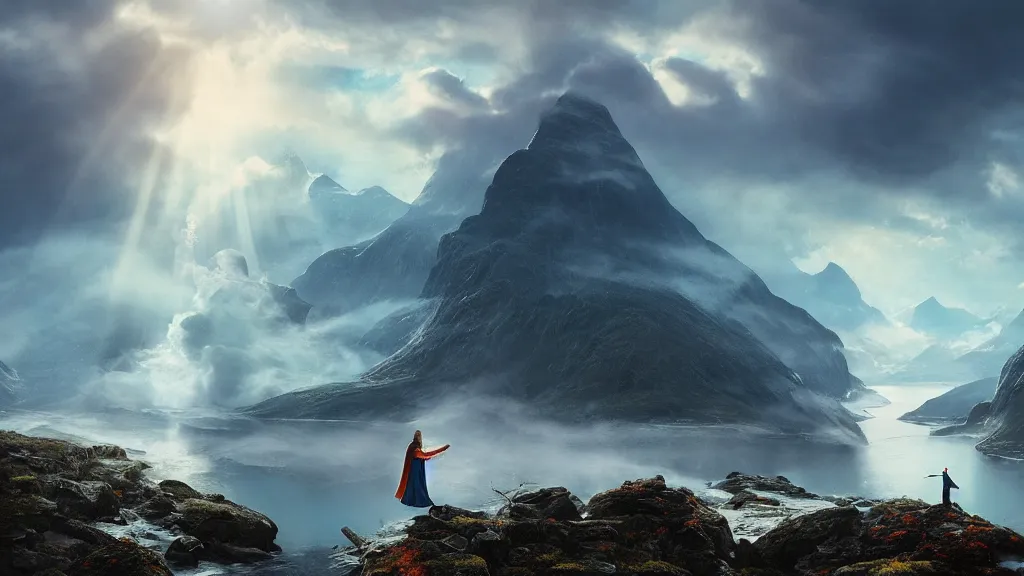 Image similar to wizard, norway fjord, natalie portman, hudson river school, max rive, royal dress, f 1 6, bokeh, gentle, female, snowy, storm clouds, god rays, close up portrait, d & d, fantasy, elegant, teal orange color palette, concept art, roger deakins and greg rutkowski and alphonse mucha