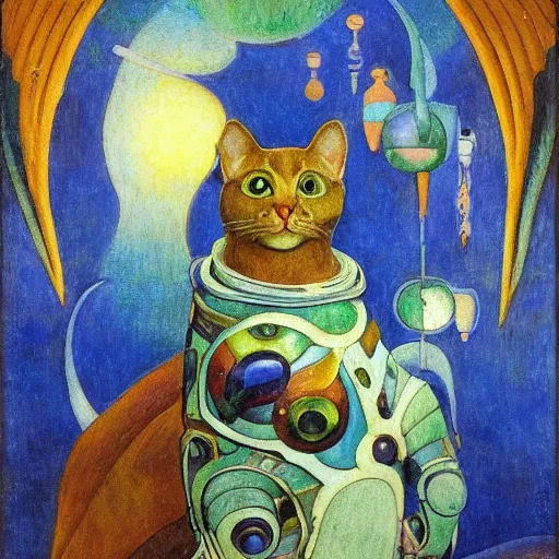 Image similar to cloisonne sculpture of a cat in a spacesuit, by annie swynnerton and diego rivera and nicholas roerich and jean delville, symbolist, dramatic lighting, god rays, art brut, rich colors, smooth, sharp focus, extremely detailed, adolf wolfli, by janet fish and ( donato giancola and bilibin )