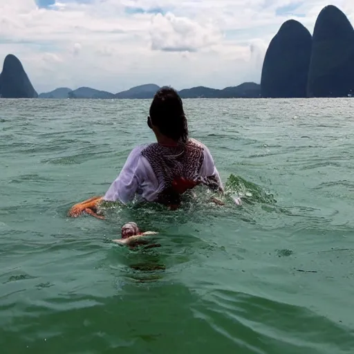 Prompt: garota aproveitando as ondas de niteroi, pulando se divertindo