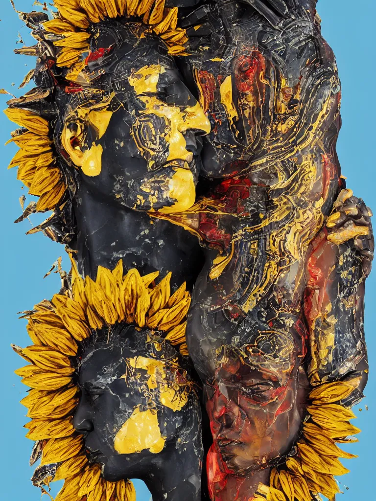 Prompt: love and compassion, symmetrical fractured dark obsidian greek statue of a beautiful tribal couple, yellow gemstones, ice sunflowers, lightblue acrylic paintdrip tar, mangeta smoke red light, repaired with kintsugi, glitch art, rendered in octane trending on cgsociety. extremely detailed and intricate art, corruption, sleek