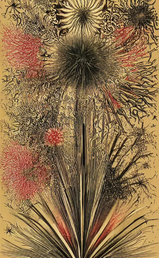 Image similar to scanned flowers as fireworks illustration of Kunstformen der Natur (Art forms in Nature) by Ernst Haeckel 1899