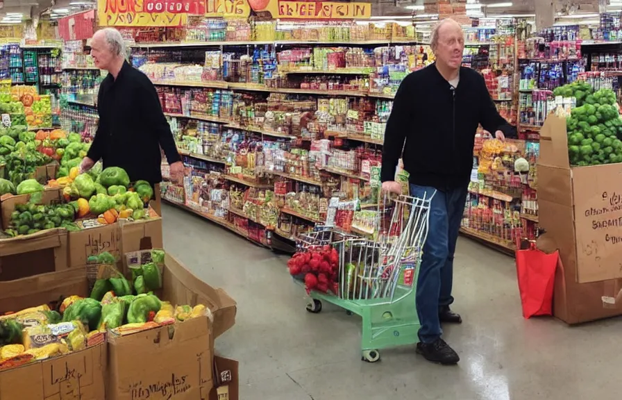 Prompt: paparazzi photo of werner herzog shopping at trader joe's