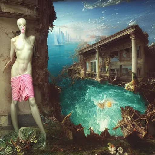 Image similar to dj rave party, hyperrealistic surrealism, dreamscape, thomas cole, award winning masterpiece with incredible details, zhang kechun, a surreal vaporwave vaporwave vaporwave vaporwave vaporwave painting by thomas cole of a gigantic broken mannequin head sculpture in ruins, astronaut lost in liminal space, highly detailed, trending on artstation