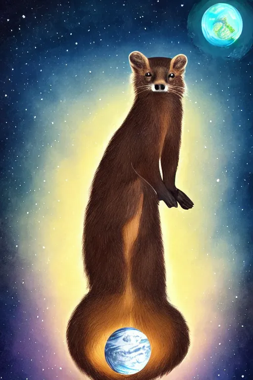 Image similar to giant pine marten in space holding a planet, digital art, trending on artstation, highly detailed, minimalistic art