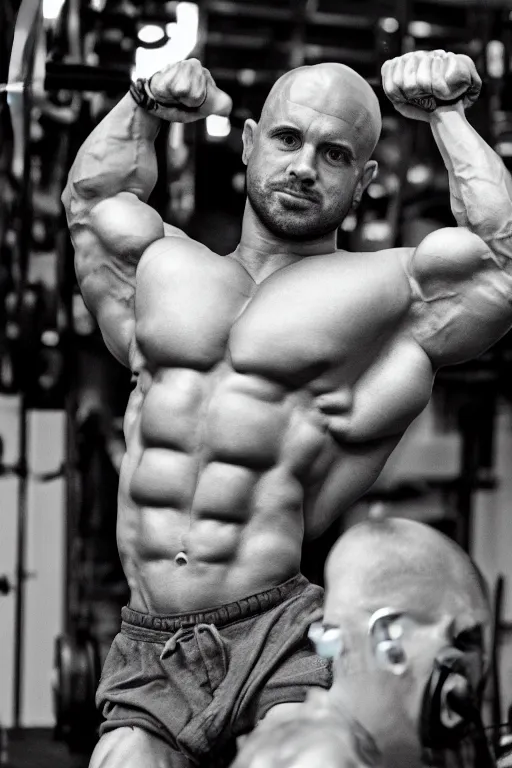 Prompt: Mini-Me is a jacked muscle builder gigachad, grayscale photography