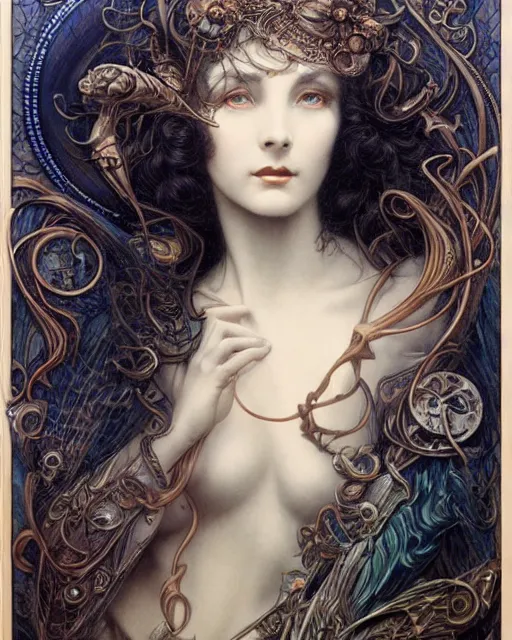Prompt: in the style of beautiful vivien leigh, steampunk, detailed and intricate by jean delville, gustave dore and marco mazzoni, colorful art nouveau, symbolist, visionary, gothic, pre - raphaelite