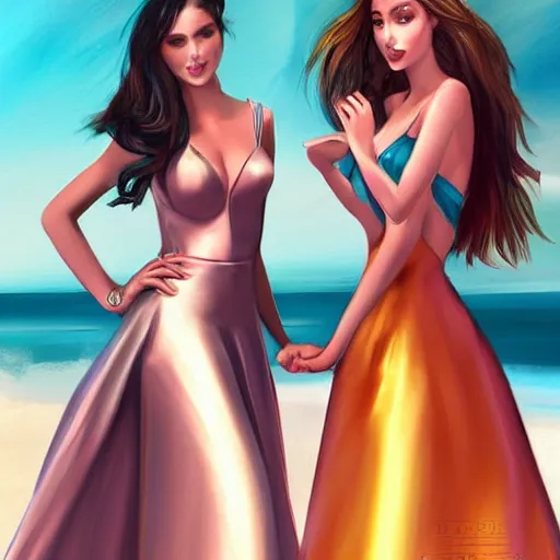 Image similar to two beautiful princesses in skintight satin prom dresses on the beach drawn by charlie bowater