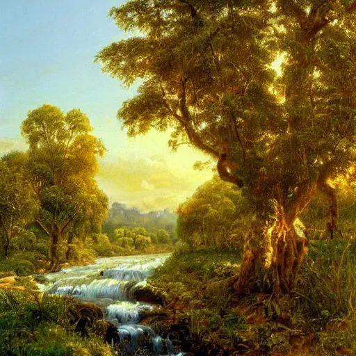 Prompt: tropical fruit trees and white milk river, wide shot, golden hour, landscape painting by ivan shishkin