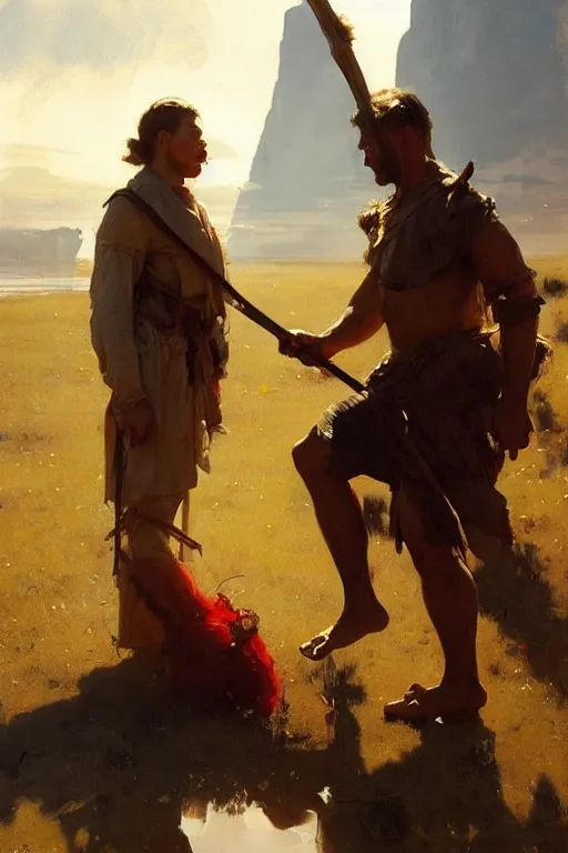 Image similar to portrait david and goliath by anders zorn, wonderful masterpiece by greg rutkowski, beautiful cinematic light, by greg manchess, jessica rossier